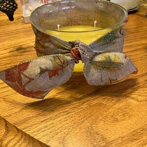 24oz 3 Wick Scented Candle in Glass Bowl Wrapped in an Autumn & Gold Trim Ribbon